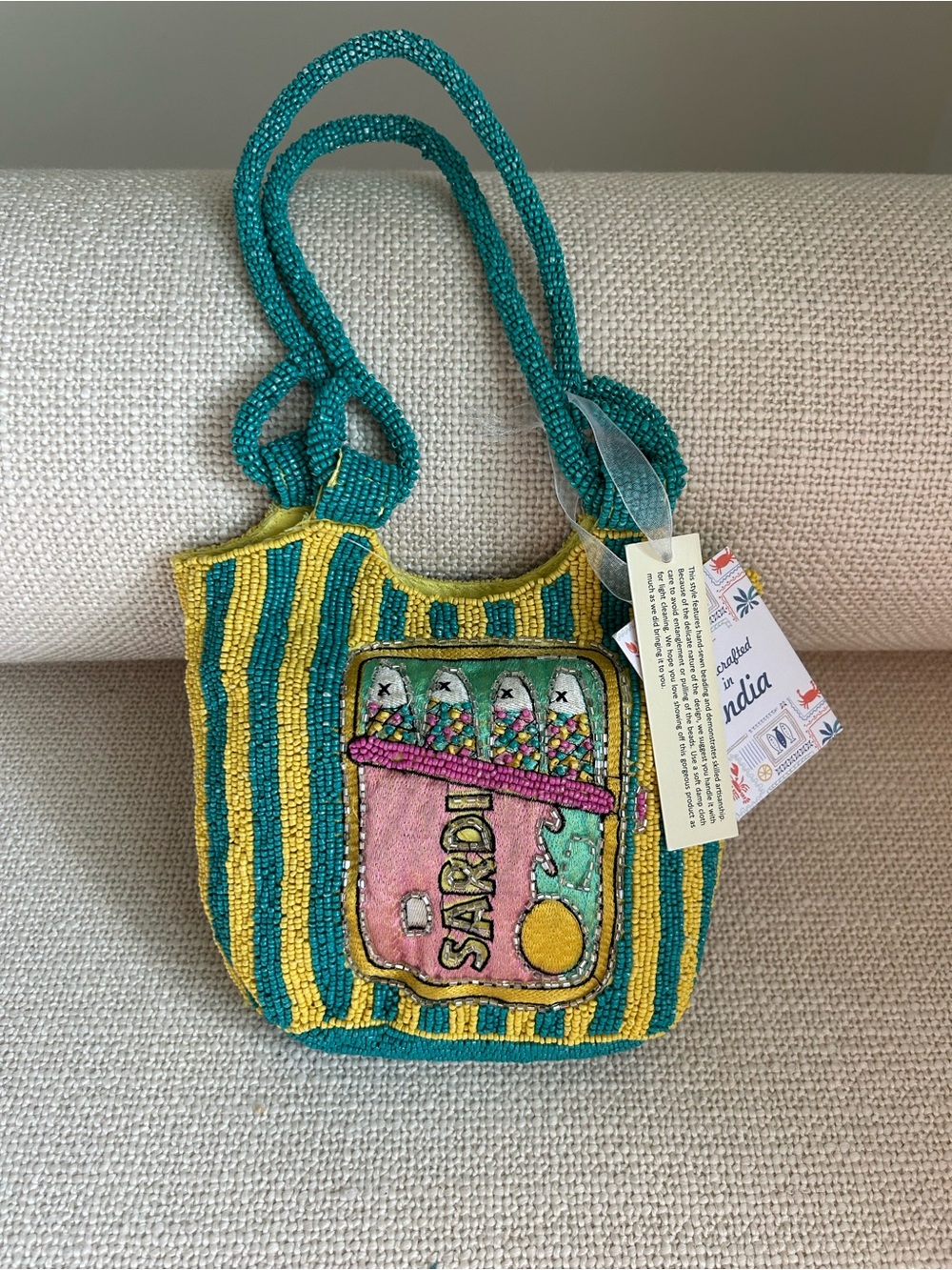 NWT Handmade Beaded Sardines Hand Bag Novelty Fish Purse Turquoise Yellow